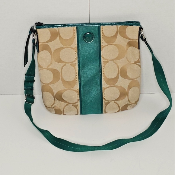 Coach Handbags - COACH tan signature canvas crossbody bag teal leather trim & stripe monogram